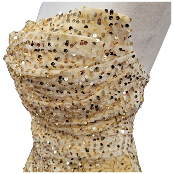 NWT Beige Gold Strapless Sequin Evening Gown with Corset Back on Velvet Fabric - Picture 11 of 12